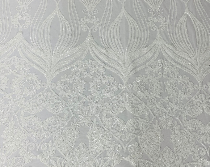 White Sequin on White Mesh - Camila Design 4 Way Stretch Sequins Fabric, Lace sequins Prom-Gown (Choose The Size)