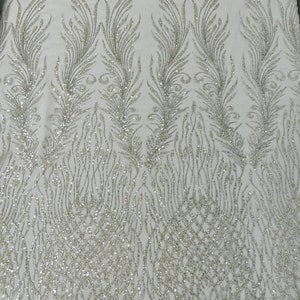 Silver Beaded Damask Fabric: Bridal Appliqué Lace by the Yard