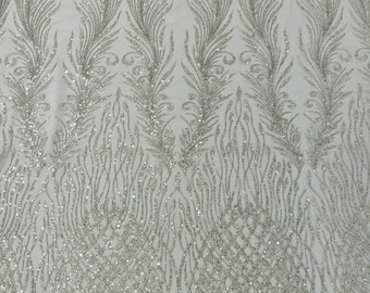 Silver Beaded Damask Fabric: Bridal Appliqué Lace by the Yard