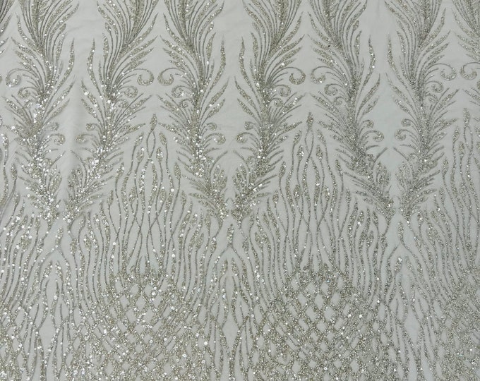 Silver Beaded Fabric by the yard, Bridal Heavy beaded, Damask Pattern With Beads and Sequin, Appliqué lace for bridals,weddings,prom dress.