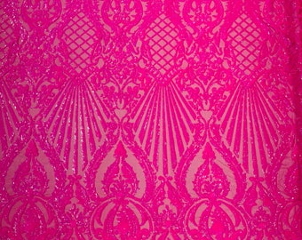 Holographic Hot Pink Iridescent Sequins Fabric | 4 Way Stretch Mesh | Embroidered Damask Design With Sequin Lace Prom-Gown by the yard