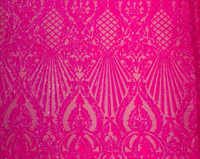 Holographic Hot Pink Iridescent Sequins Fabric | 4 Way Stretch Mesh | Embroidered Damask Design With Sequin Lace Prom-Gown by the yard