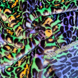 Green Orange Violet Black Leopard Faux Fur Fabric By The Yard, Leopard Short Pile Fur Fabric, Multi-Color Leopard Apparel, Costume, 60&quot;Wide