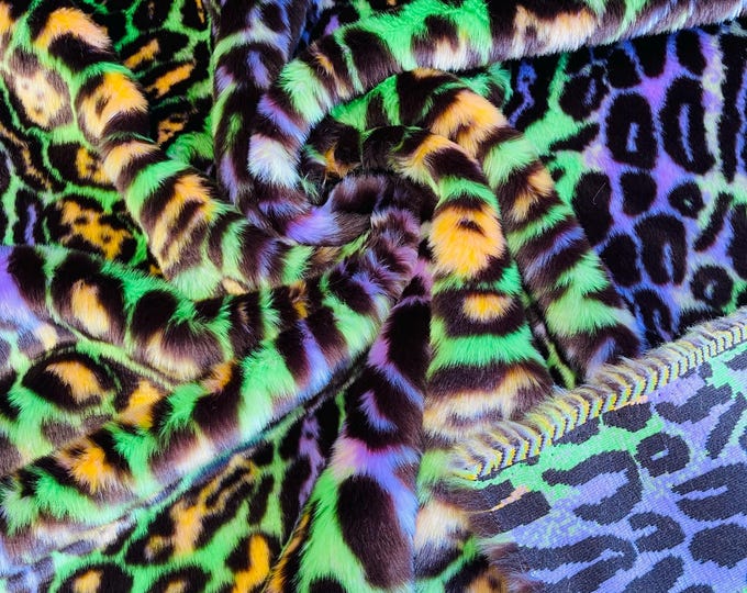 Green Orange Violet Black Leopard Faux Fur Fabric By The Yard, Leopard Short Pile Fur Fabric, Multi-Color Leopard Apparel, Costume, 60"Wide