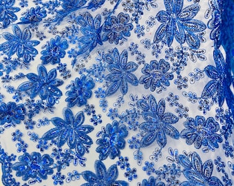 Royal Blue Lace Fabric With Sequins, Metallic Thread Flower Embroidery by Yard