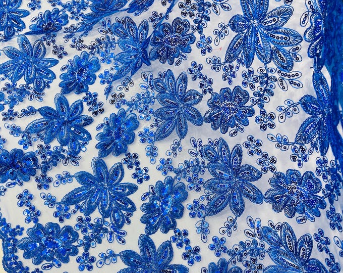 Royal Blue Lace Fabric With Sequins, Metallic Thread Flower Embroidery by Yard