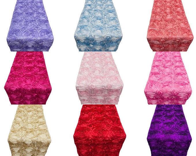 Rosette Table Runner - 12" x 90" Satin Rosette Rose Design Table Runner for Event Décor, Party, Wedding, Quinceañera (Pick Color)