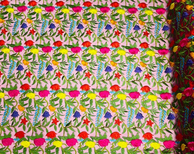 Multi color Flower, Floral Lace - by the yard- Embroidered on Fuchsia Mesh Lace Fabric, Bridal Wedding Floral Mesh (Pick a Size)