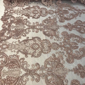 Dusty Rose Fabric, Corded Flower Embroidery With Sequins on a Mesh Lace Fabric By The Yard For Gown, Wedding-Bridal-Dress image 4