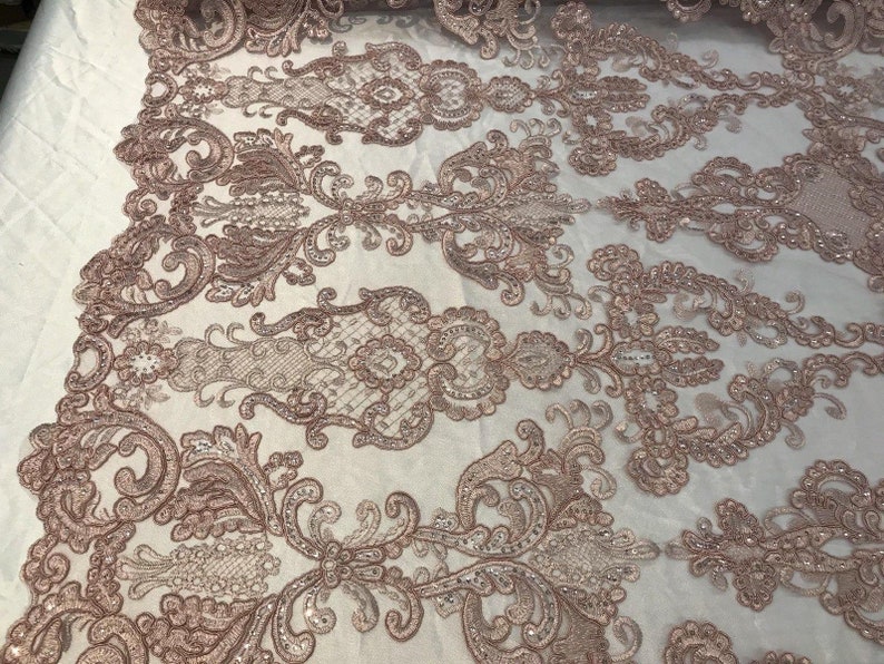 Dusty Rose Fabric, Corded Flower Embroidery With Sequins on a Mesh Lace Fabric By The Yard For Gown, Wedding-Bridal-Dress image 4