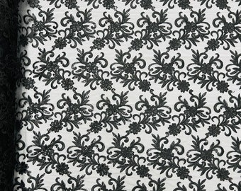 Black Floral Sequin Embroidery Lace Fabric, Bridal Gown Material