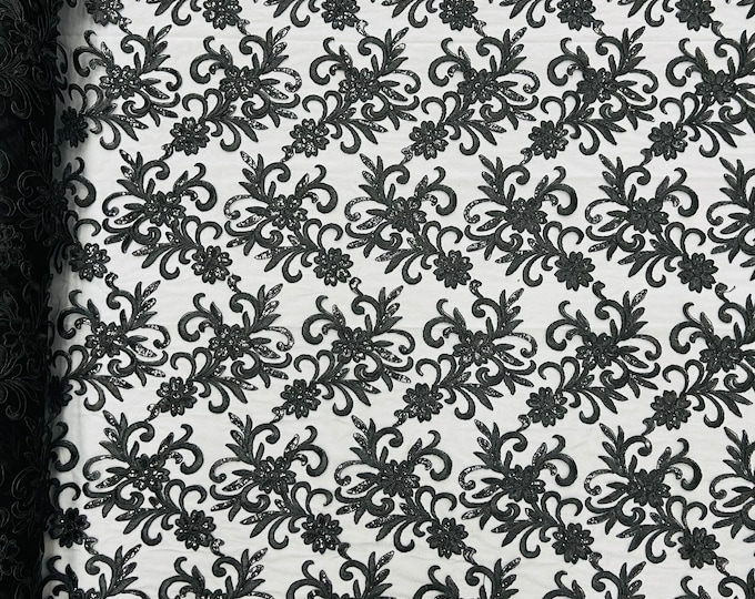 Black Floral Lace Fabric, by the yard - Embroidery With Sequins on a Mesh Lace Fabric For Gown, Wedding-Bridal