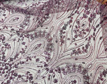 Dark Plum Fashion Design Beads and Sequins, Luxury Beaded Fabric Embroidered on a Mesh Lace,Wedding,Bridal,Dress Sold By The Yard