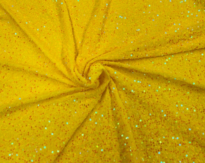 Yellow Sequin on Stretch Velvet With Partial Luxury Sequins  5mm Shining Sequins 2-way Stretch 58/60” (Choose The Quantity)
