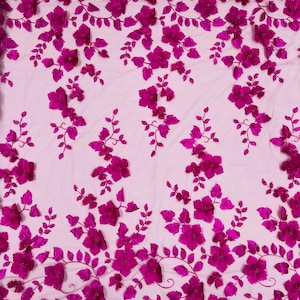 Magenta 3D Floral-Flower With Pearl, Bridal Lace 3D Flower Wedding Lace by the Yard, Bridal 3D Floral (Pick a Size)