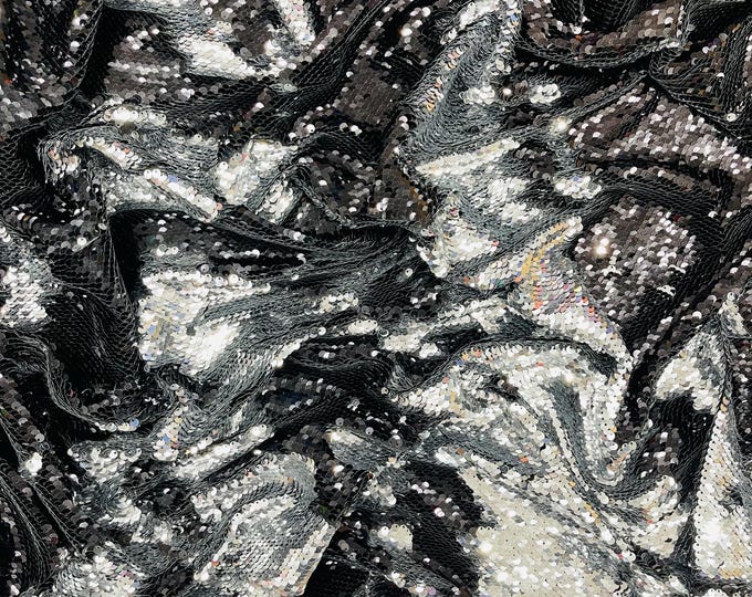 Black/Silver Sequins Fabric: 2-Way Stretch Flip-Up Reversible Sequin