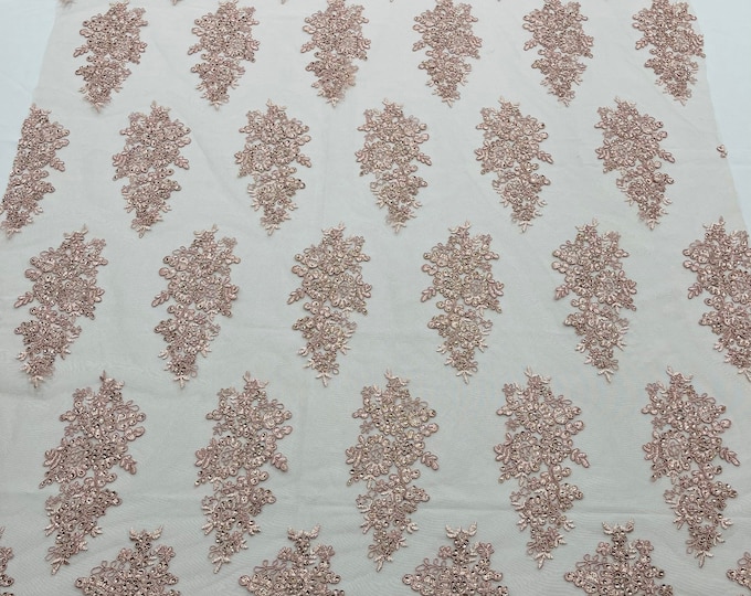 Dusty Rose Floral Lace Fabric - by the yard - Embroidery With Sequins on a Mesh Lace Fabric For Wedding-Bridal