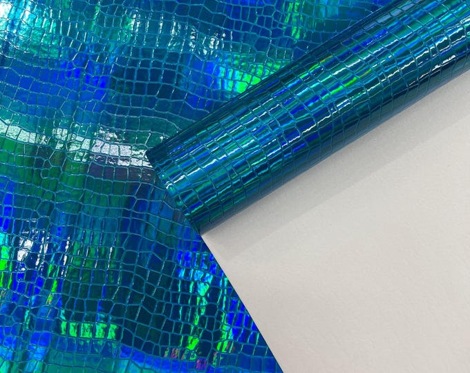 Turquoise Crocodile Holographic Embossed PVC Vinyl Fabric, Metallic Crocodile Vinyl Fabric By The Yard Upholstery Accessories Application