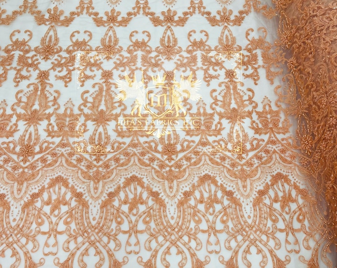 Peach Design Glam Damask Beaded Fabric, Embroidered Fashion Fabric with Beads Wedding Bridal Sold By Yard
