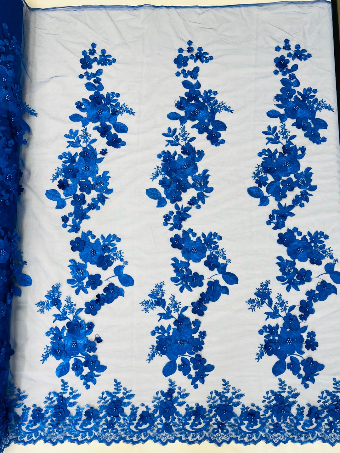 Royal Blue 3D Floral Lace Fabric With Pearls - Bridal Wedding Lace - Etsy