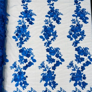Royal Blue 3D Floral Lace Fabric with Pearls - Bridal Wedding Lace