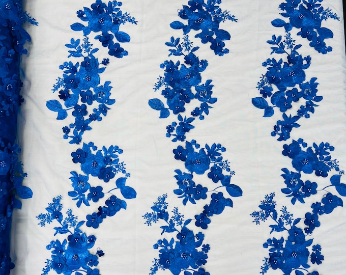Mia Fabrics Inc, Royal Blue 3D Floral-Flower With Pearl, Bridal Lace 3D Flower Wedding Lace by the Yard (Pick a Size)