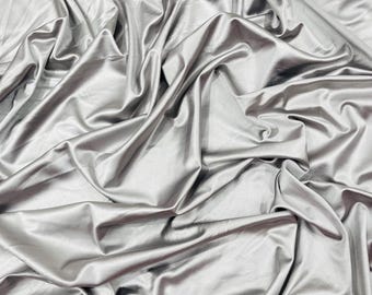 Silver Shiny Spandex Satin Fabric By Yard, 4-Way Stretch Polyester, 60" Wide