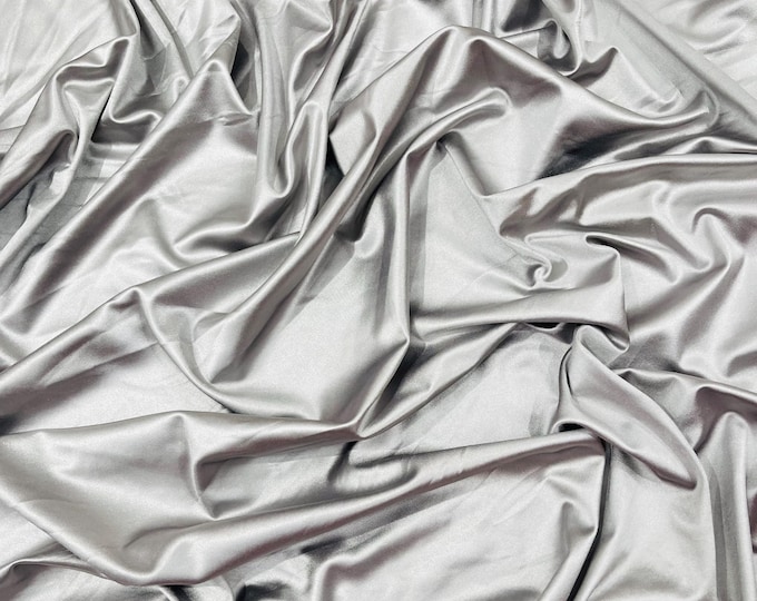 Silver Shiny Spandex Satin Fabric By Yard, 4-Way Stretch Polyester, 60" Wide
