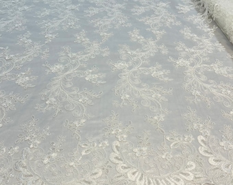 Ivory Floral Lace Fabric: Embroidered Sequins Mesh, Bridal Gown Fabric