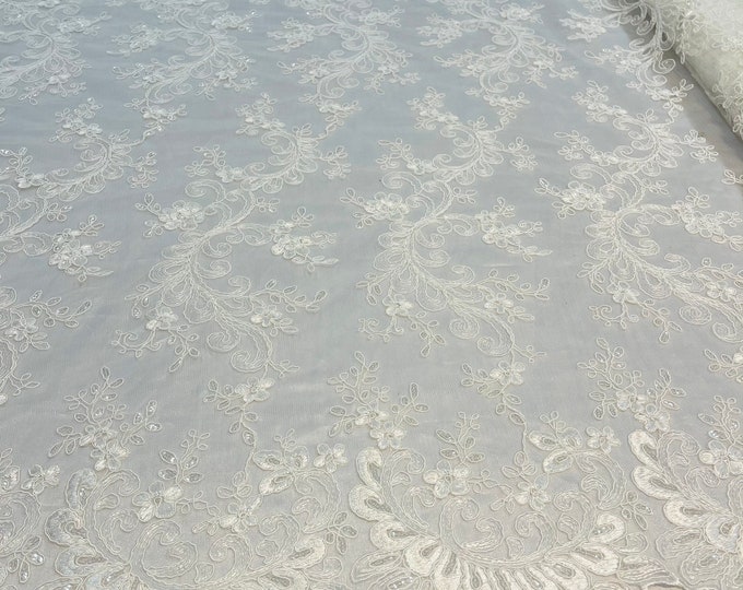 Ivory Lace Floral Lace Fabric, Embroidery With Sequins on a Mesh Lace Fabric By The Yard For Gown, Wedding-Bridal (Choose The Quantity)