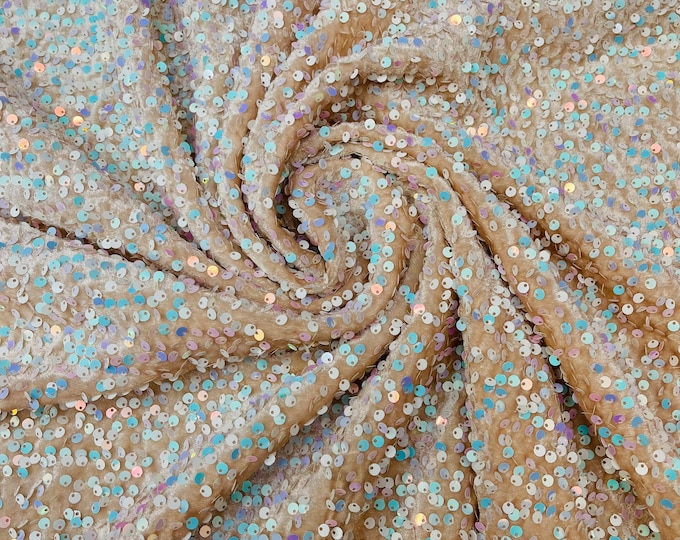 Sequins Velvet Fabric by the yard - Aqua Iridescent - 2Way Stretch Velvet With Partial Luxury Sequins  5mm Shining Sequin Velvet 58/60”