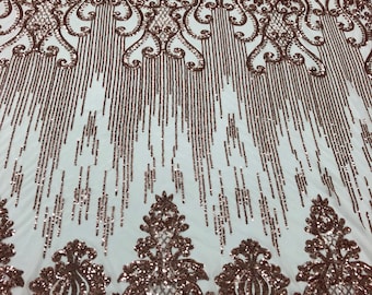 Rose Gold Sequin Lace Fabric – Damask Design, 4-Way Stretch, Prom Gown