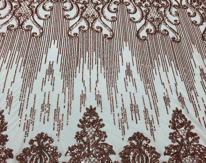 Rose Gold Sequins Lace Fabric On Mesh Damask Design Embroidered On 4 way Stretch Sequin By The Yard -Prom-Gown ( Choose The Size )