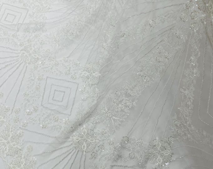 White Beaded Geometric Pattern Beaded Fabric, by the yard, Embroidery Beaded Lace Fabric, Geometric Luxury Bridal Beaded Fabric on a Mesh