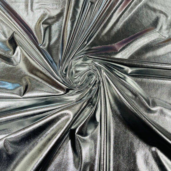 Metallic Foil Spandex Fabric - Silver - Sold By The Yard Spandex Lame Fabric 2 Way Stretch Shiny DIY Apparel Accessories Lining