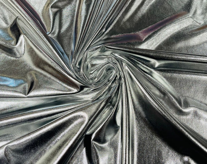Metallic Foil Spandex Fabric - Silver - Sold By The Yard Spandex Lame Fabric 2 Way Stretch Shiny DIY Apparel Accessories Lining