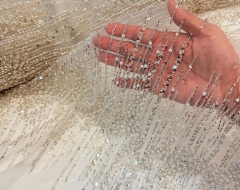 Off White Beaded Fabric | Fashion Pattern With Beads and Sequin, Bridal Pearls Prom Dress