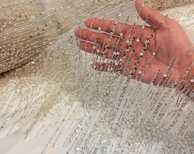 Off White Beaded Fabric | Fashion Pattern With Beads and Sequin, Bridal Pearls Prom Dress