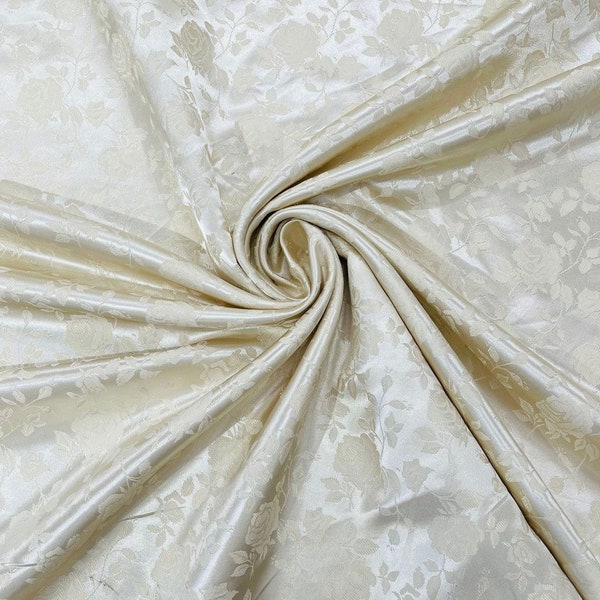 Ivory Flower Brocade Jacquard Satin Fabric, Sold By The Yard Polyester Satin Floral Wide 58/60"  (Choose The Quantity)