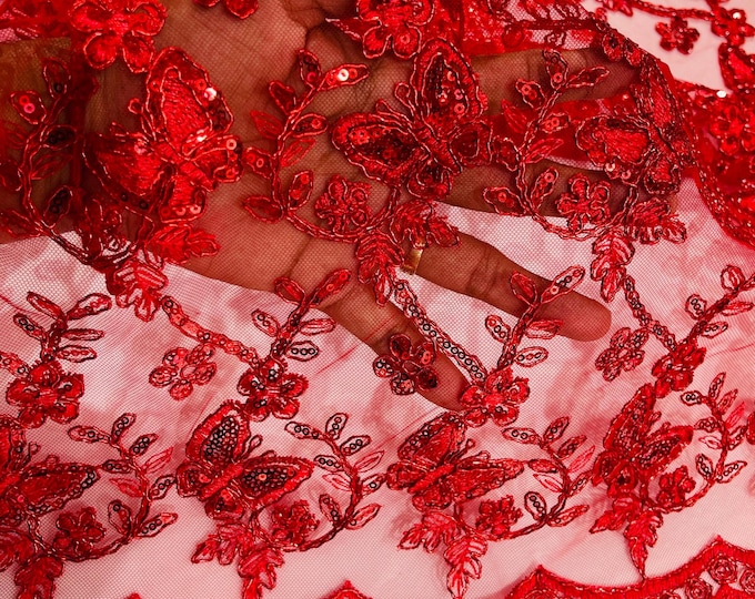 Red Metallic Corded Lace Small Butterfly by Yard, Metallic Thread Butterfly Design Embroidered With Sequin on a Mesh Lace Fabric