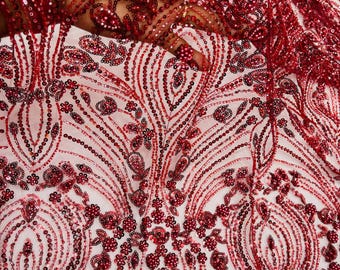 Burgundy Fashion Design Beads and Sequins, Luxury Beaded Fabric Embroidered on a Mesh Lace,Wedding,Bridal,Dress Sold By The Yard