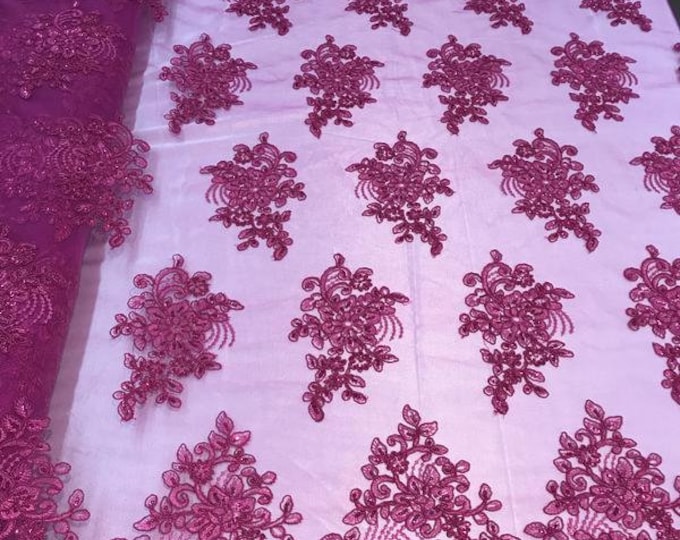 Flower Lace Fabric - Magenta Floral Clusters Embroidered Lace Mesh Fabric Sold By The Yard