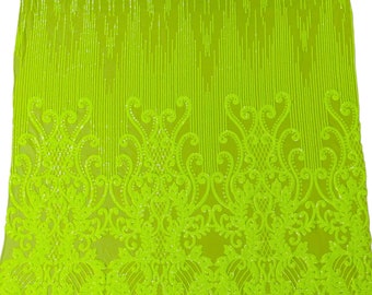 Neón Lime Green Sequin - 4 Way Stretch Fancy Damask Design Sequins on Spandex Mesh Prom Gala Gown Fabric By The Yard
