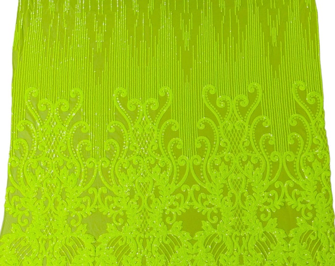 Neón Lime Green Sequin - 4 Way Stretch Fancy Damask Design Sequins on Spandex Mesh Prom Gala Gown Fabric By The Yard