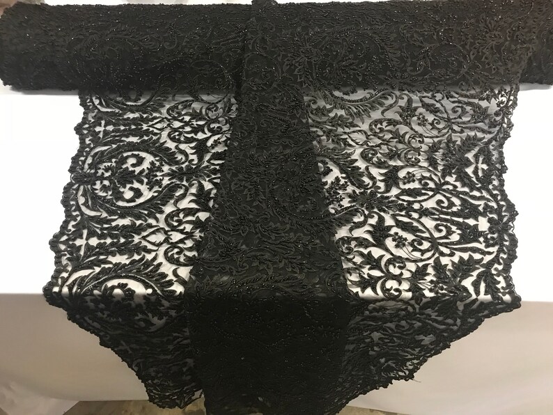 Black Beaded Fabric by the Yard Embroidered Damask Pattern Etsy