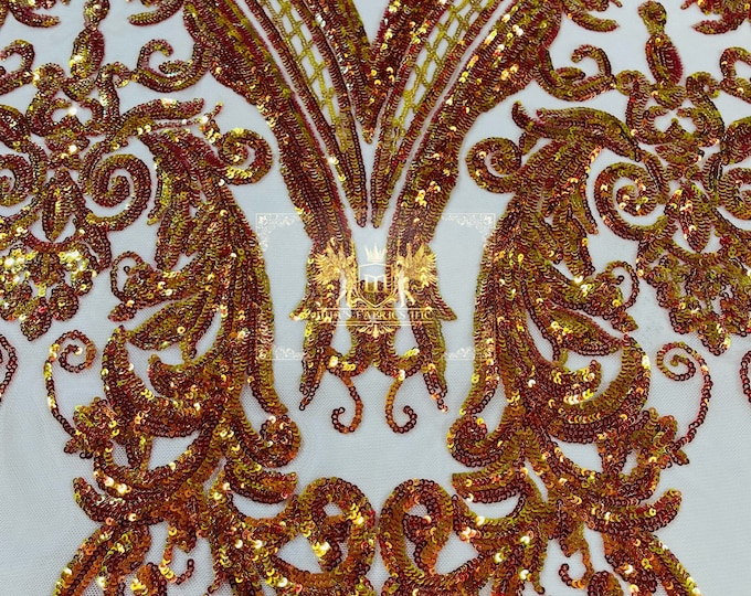 Orange Iridescent on Nude  - 4 Way Stretch Fancy Big Damask Design Sequins on Spandex Mesh Prom Gala Gown Fabric By The Yard