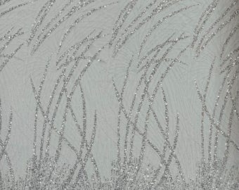 White Silver Beaded Fabric Sold By The Yard, Fashion Design Beads and Sequins, Beaded Fabric Embroidered on a Mesh Lace,Wedding,Bridal,Dress