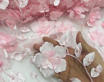 Pink 3D Floral Lace Fabric with Pearls - Embroidered Mesh, Prom Dress