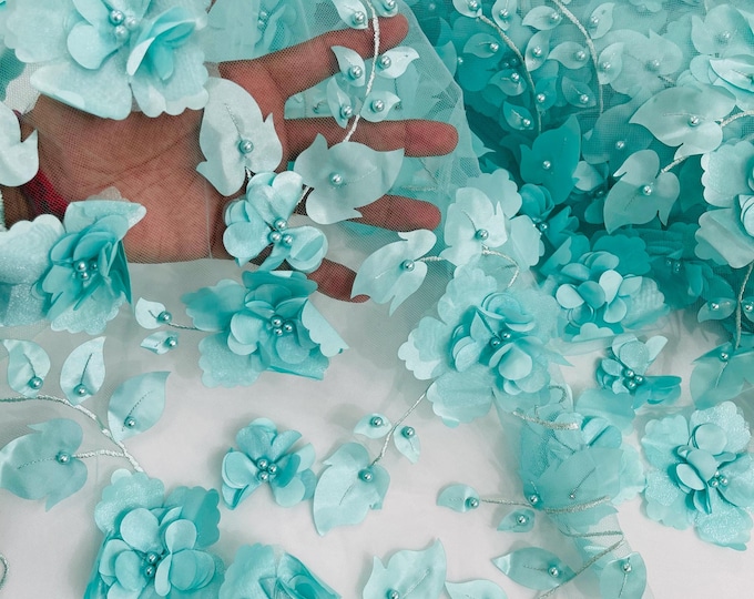 Mint Orquidia 3D Floral Design Embroider With Pearls On a Mesh Lace Fabric, Orquidia Big 3D Flower Lace Fabric Prom-Dress By The Yard