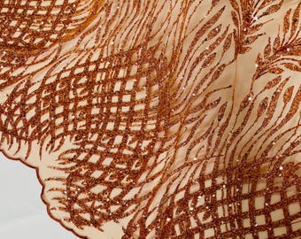 Burnt Orange Beaded Fabric by the yard, Bridal Heavy beaded, Damask Pattern With Beads and Sequin, Appliqué lace bridals,weddings,prom dress